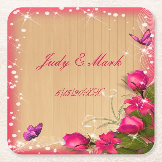 Rustige houten roze vlinderbruiloft kartonnen onderzetters (Voorkant)