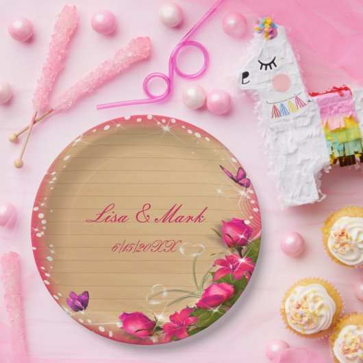 Rustige houten roze vlinderbruiloft papieren bordje (Feest)