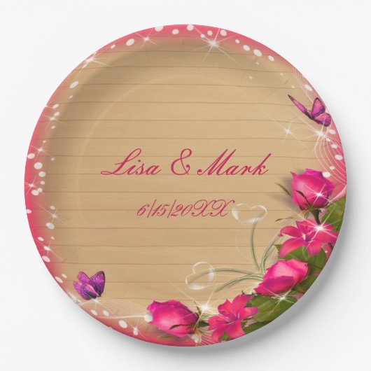 Rustige houten roze vlinderbruiloft papieren bordje (Voorkant)