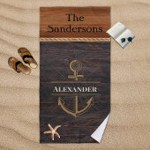 Rustige houten toon Kustanker Nautisch monogram Strandlaken