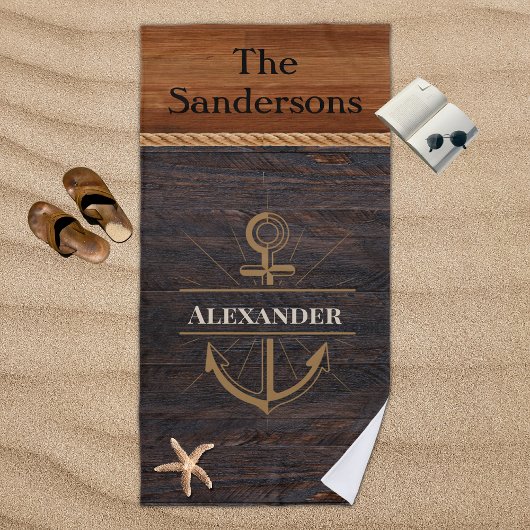 Rustige houten toon Kustanker Nautisch monogram Strandlaken