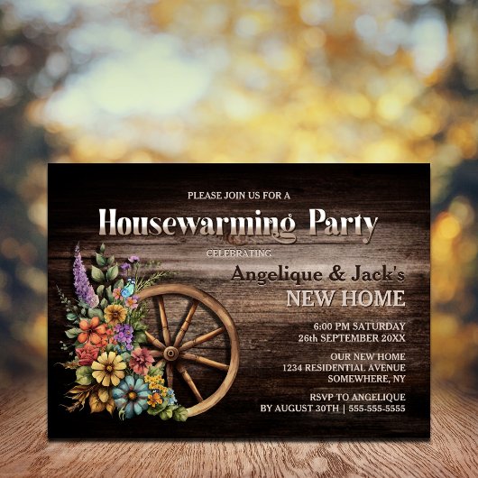 Rustige houten vezel Wagon Wheel Housewarming Part Kaart