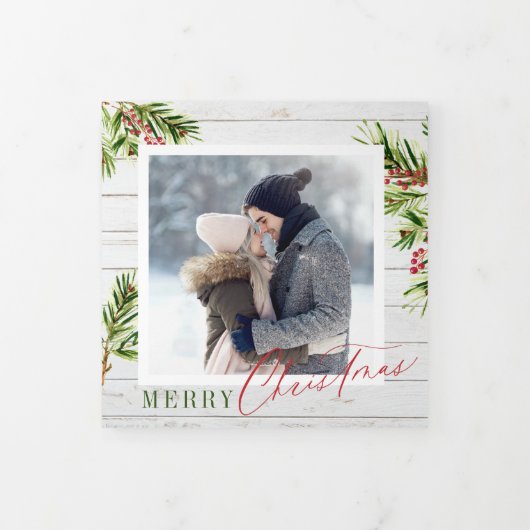 Rustige houten Waterverf Pijnkerst Drieluik Wenskaart (Cover)