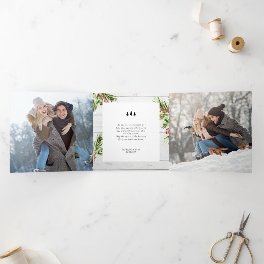 Rustige houten Waterverf Pijnkerst Drieluik Wenskaart (Binnen)