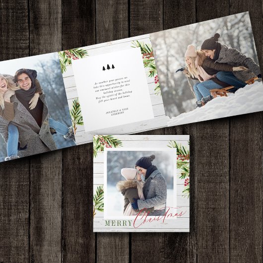 Rustige houten Waterverf Pijnkerst Drieluik Wenskaart