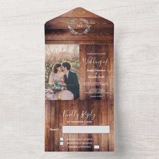 Rustige houten waterverf vertrekt bruiloft all in one uitnodiging (Binnen)