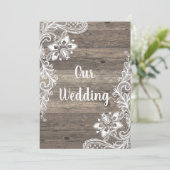 Rustige  houten witlace bruiloft kaart (Staand voorkant)
