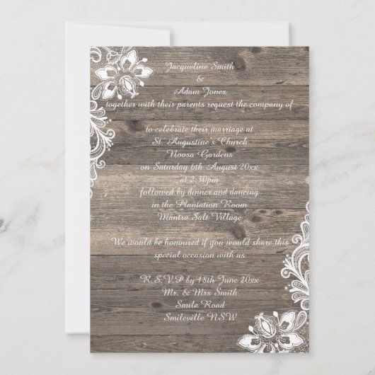 Rustige  houten witlace bruiloft kaart (Achterkant)