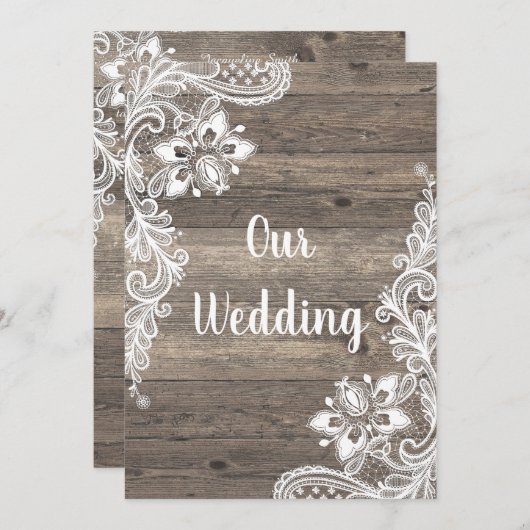 Rustige  houten witlace bruiloft kaart (Voorkant / Achterkant)