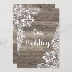 Rustige  houten witlace bruiloft kaart