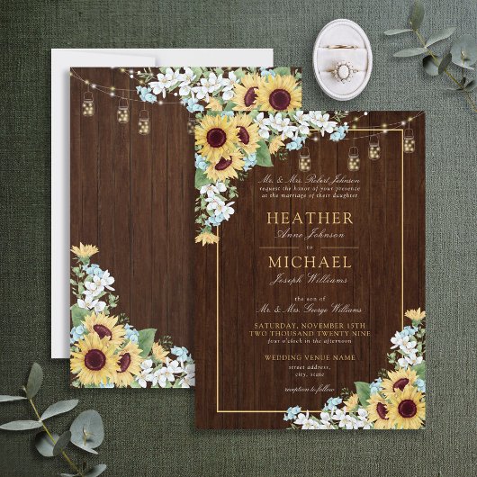 Rustige houten zonnebloem Stusty Blue Floral Weddi Kaart