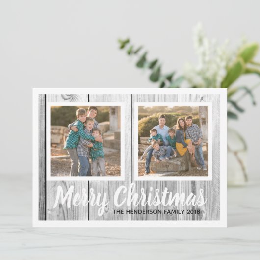 Rustige houtfamilie Twee foto-kerstcollage Feestdagenkaart (Staand voorkant)