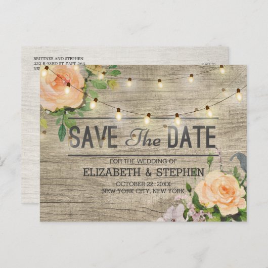 Rustige houtfloraallampjes bewaren de datum-ann aankondigingskaart (Voorkant / Achterkant)