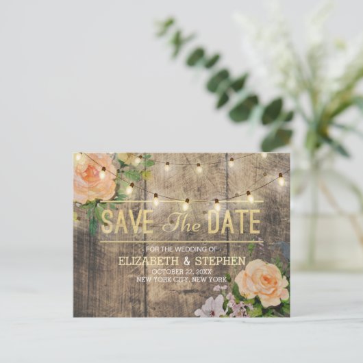 Rustige houtfloraallampjes opslaan datum aankondigingskaart (Staand voorkant)