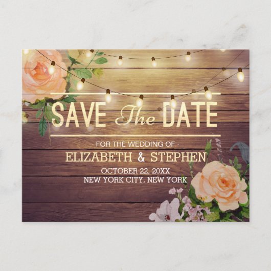 Rustige houtfloraallampjes opslaan datum aankondigingskaart (Voorkant)