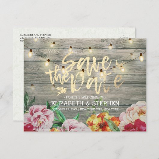 Rustige houtfloraallampjes opslaan datum aankondigingskaart (Voorkant / Achterkant)