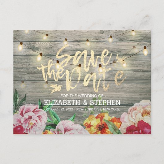 Rustige houtfloraallampjes opslaan datum aankondigingskaart (Voorkant)