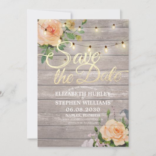 Rustige houtfloraallampjes opslaan datum save the date (Voorkant)