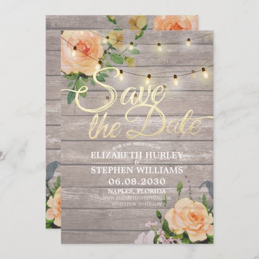 Rustige houtfloraallampjes opslaan datum save the date (Voorkant / Achterkant)