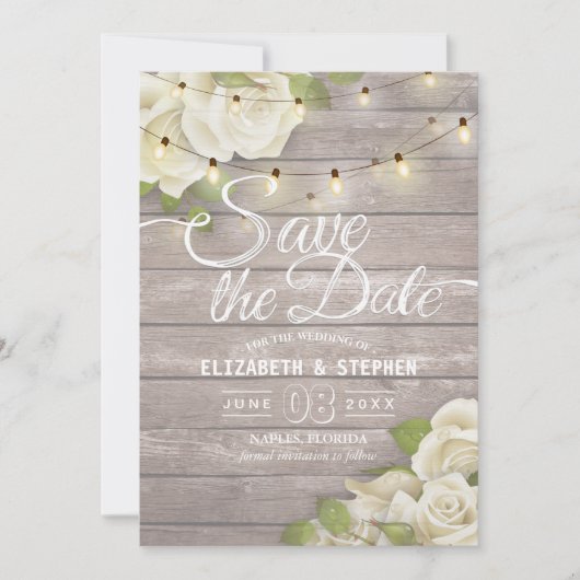 Rustige houtfloraallampjes opslaan datum save the date (Voorkant)