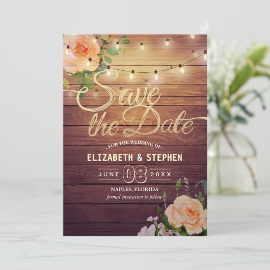Rustige houtfloraallampjes opslaan datum save the date (Staand voorkant)