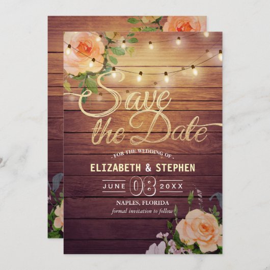 Rustige houtfloraallampjes opslaan datum save the date (Voorkant / Achterkant)
