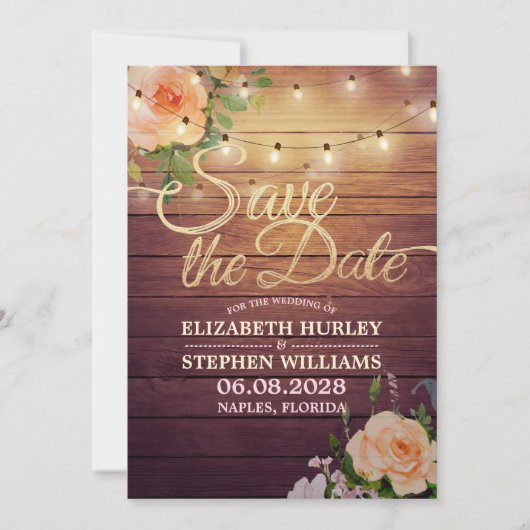 Rustige houtfloraallampjes opslaan datum save the date (Voorkant)