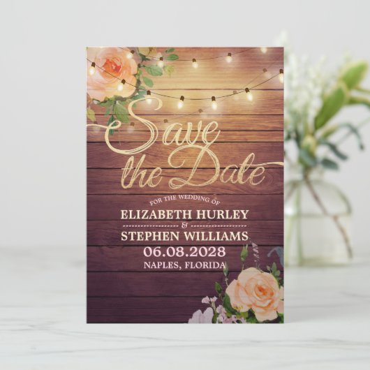 Rustige houtfloraallampjes opslaan datum save the date (Staand voorkant)
