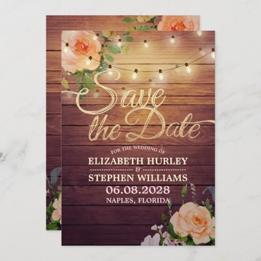 Rustige houtfloraallampjes opslaan datum save the date (Voorkant / Achterkant)