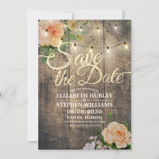 Rustige houtfloraallampjes opslaan datum save the date (Voorkant)