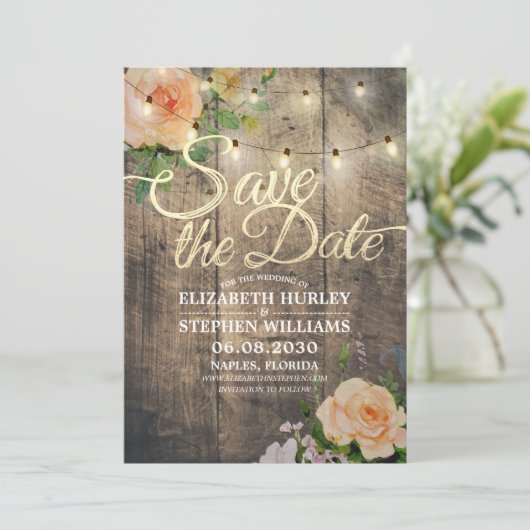 Rustige houtfloraallampjes opslaan datum save the date (Staand voorkant)