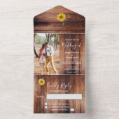 Rustige houtfotozonnebloem Weddenschap All In One Uitnodiging (Binnen)