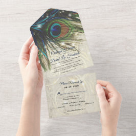 Rustige  houtmarine Turquoise Peacock Wedding All In One Uitnodiging