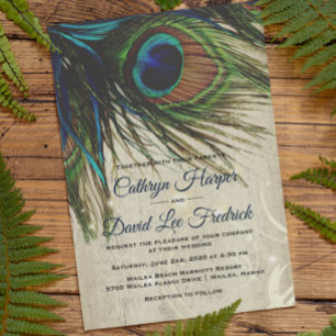 Rustige houtmarine Turquoise Peacock Wedding Kaart