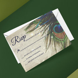 Rustige  houtmarine Turquoise Peacock Wedding RSVP Kaartje