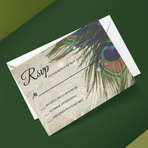 Rustige  houtmarine Turquoise Peacock Wedding RSVP Kaartje
