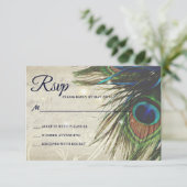Rustige  houtmarine Turquoise Peacock Wedding RSVP Kaartje (Staand voorkant)