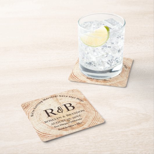 Rustige houtmonogram Namen sparen de Datum Kartonnen Onderzetters (Insitu)