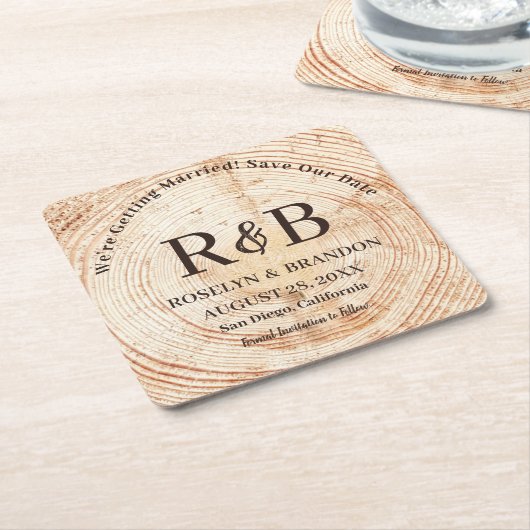 Rustige houtmonogram Namen sparen de Datum Kartonnen Onderzetters (Schuin)