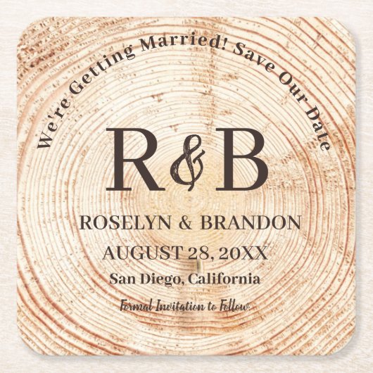 Rustige houtmonogram Namen sparen de Datum Kartonnen Onderzetters (Voorkant)