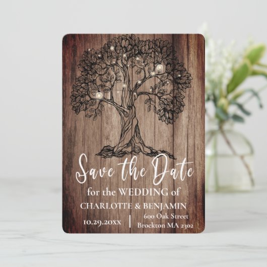 Rustige houtoogboom en strijkveldenweddenschap save the date (Staand voorkant)