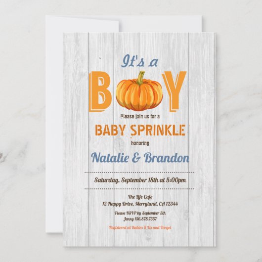 Rustige houtpompoen babyjongen sprinkle-uitnodigin kaart (Voorkant)