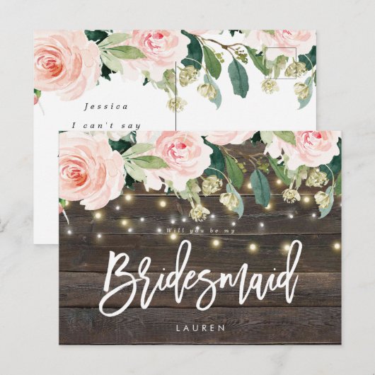 Rustige houtroze florale zal je mijn bruidsmeisje  aankondigingskaart (Voorkant / Achterkant)