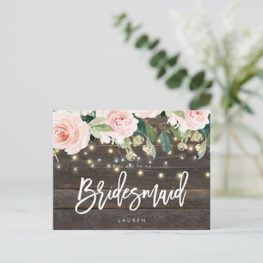Rustige houtroze florale zal je mijn bruidsmeisje  aankondigingskaart (Staand voorkant)