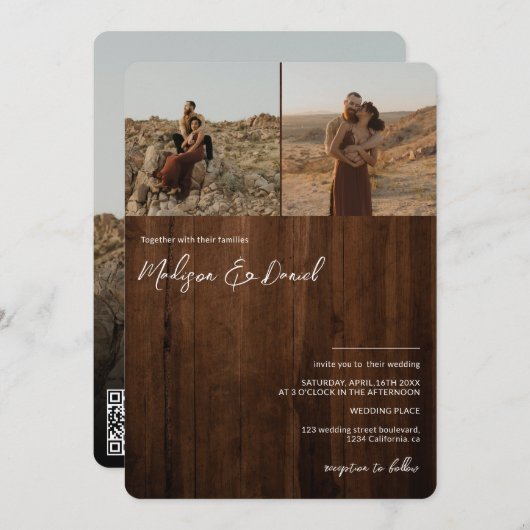 Rustige houtscriptnamen 3 foto's qr code bruiloft kaart (Voorkant / Achterkant)