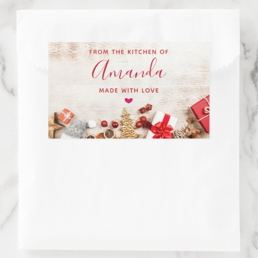 Rustige houtsfoto met kerstcadeautjes rechthoekige sticker (Tas)