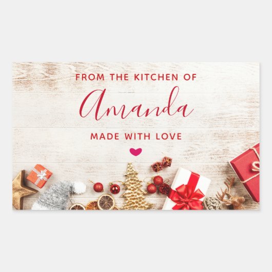 Rustige houtsfoto met kerstcadeautjes rechthoekige sticker (Voorkant)