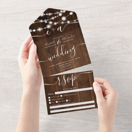 Rustige houtskaarlampen initialen script bruiloft all in one uitnodiging (Afscheurbaar)