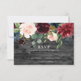 Rustige houtskool Burgundy Red Blush Floral Weddin RSVP Kaartje