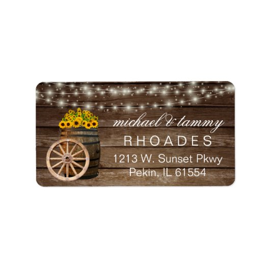 Rustige houtsloop en landelijke zonnebloemen etiket (Voorkant)